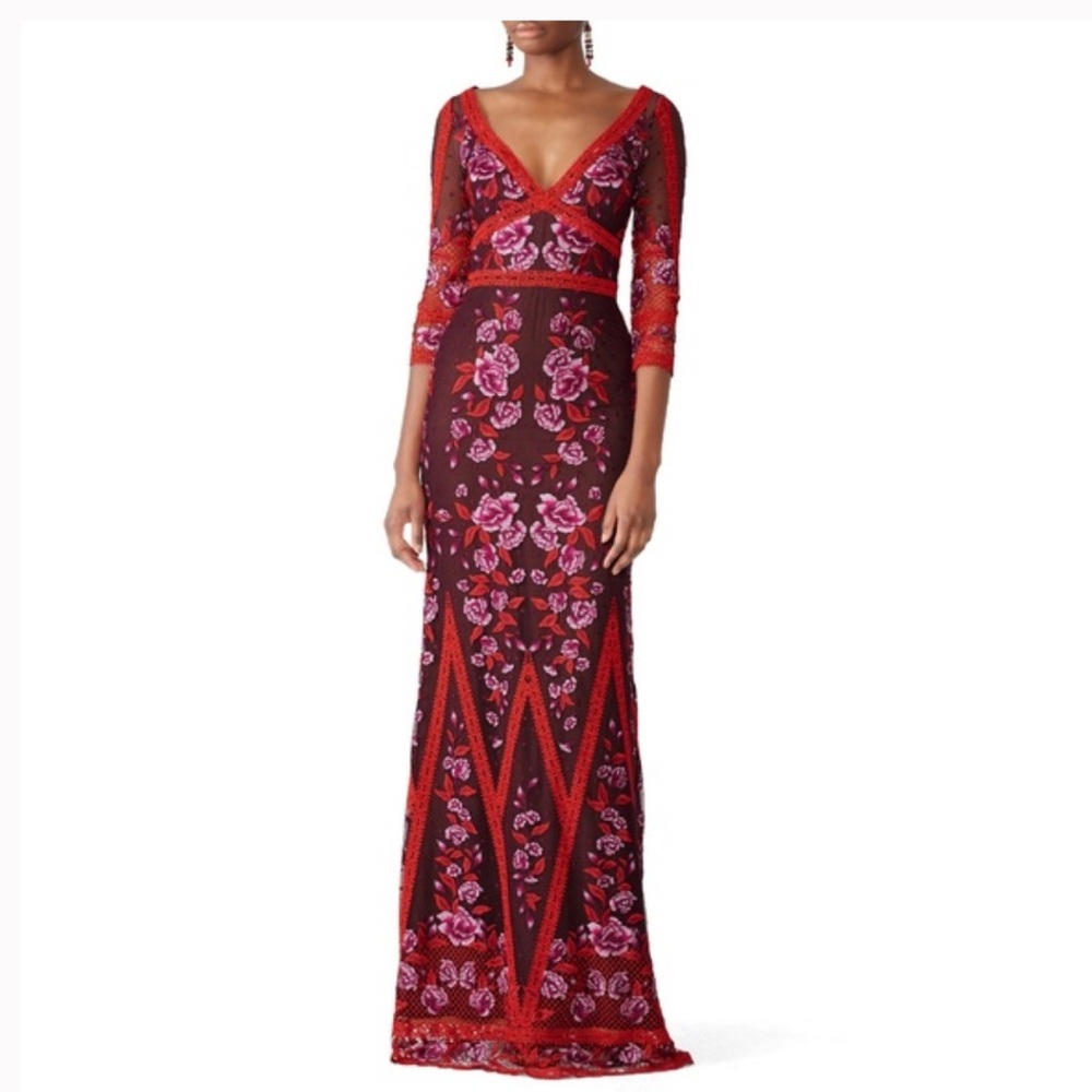 MARCHESA NOTTE Wine Floral Lace  Mesh Embroidered  Gown Red Pink Purple Size 8
